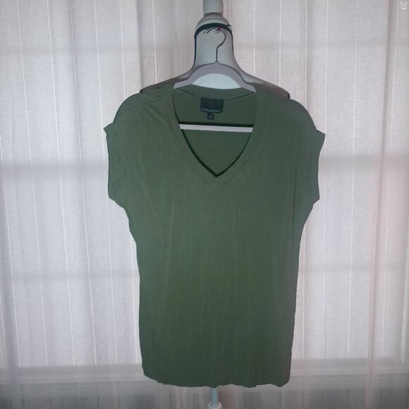 CYNTHIA ROWLEY Cap Sleeve V-Neck Green Tee L - Picture 1 of 4